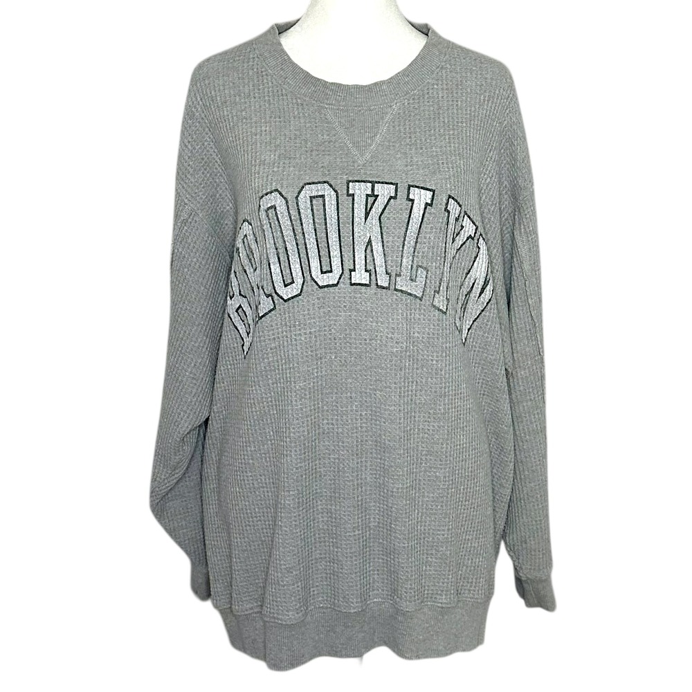 Aerie Brooklyn Waffle Knit Sweatshirt Grey Oversized Thermal Graphic Top Large